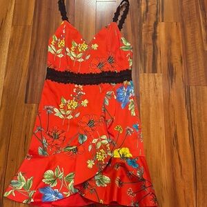 Alice + Olivia Floral Red Dress with Black Lace Trim